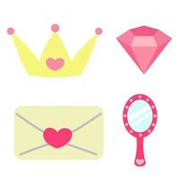 Set of princess accessories. Crown, love letter, diamond and mirrow. Pink and yellow colors. Fairy tale elements. Prints for stickers, baby shower, nursery decor, clothes, children books, textile vector