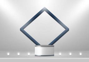 3D stage layered white and gray podium blue square frame backdrop vector