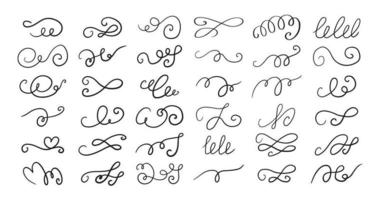 Set of different hand drawn flourish swirl ornate decoration elements. Decorative black ink pen curled lines collection vector