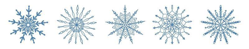 Set of hand drawn blue snowflake icon isolated on white background. Winter design element snow flake frost crystal vector illustration collection.