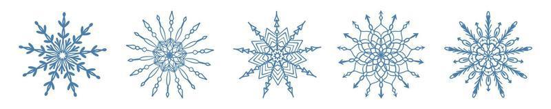 Set of hand drawn blue snowflake icon isolated on white background. Winter design element snow flake frost crystal vector illustration collection.