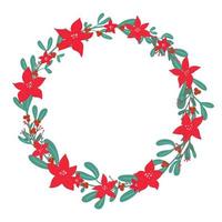 Christmas holly berry mistletoe cute wreath with poinsettia - Christmas star winter flower in simple flat drawn style. Traditional festive laurel, empty round frame with copy space, holiday template vector