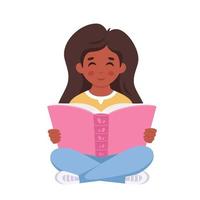 Black girl reading book. Girl studying with a book. vector