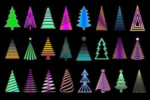 Vector neon Christmas tree collection. Set of glowing Christmas trees isolated on black background. Colorful illuminating trees for your design projects.