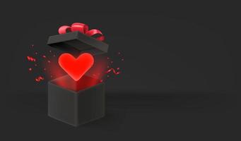 caja negra abierta con corazón rojo. Banner de vector de estilo 3d con espacio de copia