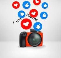 I like photos concept. Modern digital camera with different signs vector