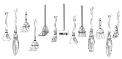 Web set of stylized brooms in outline style isolated on white background vector