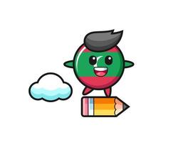 maldives flag badge mascot illustration riding on a giant pencil vector