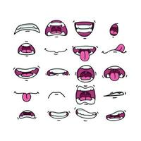 varias bocas en diferentes posiciones. con dientes, lengua, sonriendo, enfado. vector