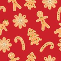 Seamless pattern with gingerbread man, snowflake and candy. Christmas cookie. Cartoon vector illustration on red background.