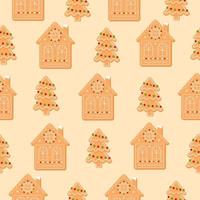 Seamless pattern with Christmas tree and house. Gingerbread cookies on beige background. New Year icon flat vector illustration.