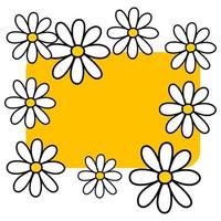 frame of white daisies flowers on yellow background in hand drawn cartoon vector style background with flowers