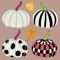 pumpkins deign set with graphic pattern on four pumpkin drawing autumn and fall leaves hand drawn art vector