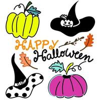 tarjeta de clipart de halloween con calabazas de colores y lindos sombreros de brujas con redacción feliz halloween redacción vector de dibujos animados dibujados a mano