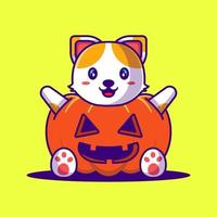 Cute Cat with Pumpkin Costume Cartoon Illustration. Halloween Flat cartoon Style Concept vector