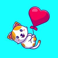 Cute Cat flying with Love Balloon Cartoon Illustration vector