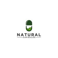 natural capsule logo with capsule and leaf illustration vector