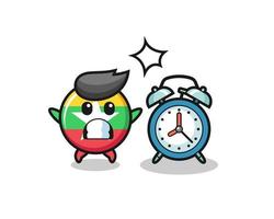 Cartoon of myanmar flag badge is surprised with a giant alarm clock vector