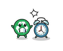 Cartoon of recycling is surprised with a giant alarm clock vector