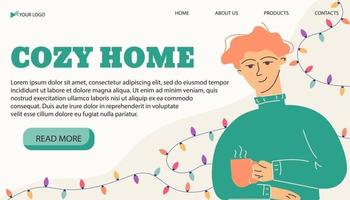 Vector illustration banner template cozy home, man with mug.