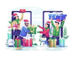 las personas comparten regalos de Navidad entre sí a través de teléfonos inteligentes en línea para celebrar la Navidad y el Año Nuevo. ilustración vectorial plana vector