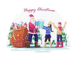 santa claus dando regalos de navidad a los niños. santa y los niños celebran la navidad y el año nuevo. ilustración vectorial plana vector