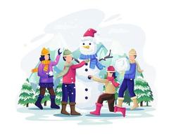 Children playing in the snow and making a snowman on the Christmas holiday. Flat vector illustration