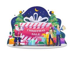 people are shopping with Santa Claus using megaphones on promotion in Christmas sale. Flat vector illustration