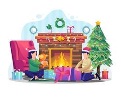 Two children are unwrapping Christmas holiday presents in front of the fireplace. Flat vector illustration