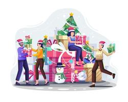 Happy people give each other Christmas gifts with huge gifts and Christmas tree decorations to celebrate Christmas and new year. Flat vector illustration