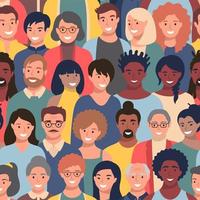 Seamless pattern with people faces of different ethnicity and ages. Parade or meeting crowd, men and women various hairstyles, young and elderly characters heads, repeating background. vector