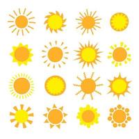 colección de sol de dibujos animados. conjunto de iconos de sol amarillo aislado en blanco. pictograma de sol, símbolo de verano para el diseño de sitios web, botón web, aplicación móvil. vector