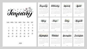 Vector Calendar Planner for 2020 Year with handdrawn lettering and color doodles. Set of 12 Months. Week Starts Sunday. Stationery Design.