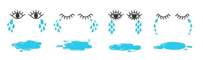 Set of doodle eyes crying with tear drops and puddles. Cartoon weeping emoji collection. vector