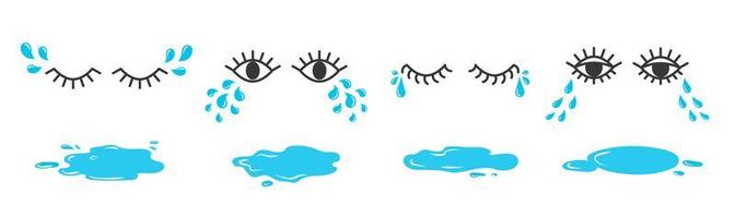 Set of doodle eyes crying with tear drops and puddles. Cartoon weeping emoji collection. vector