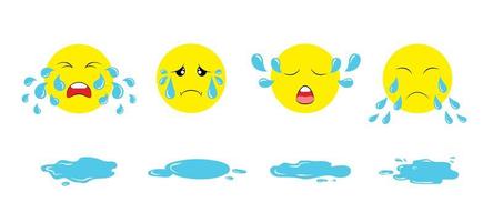 Set of cartoon crying emoji faces with tear drops and puddles. Weeping upset emoticons vector