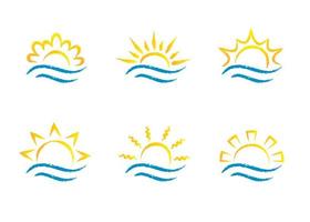 colección de temlates de logotipo de dibujos animados de amanecer y mar. Conjunto de iconos de ondas de agua y rayos de sol. vector