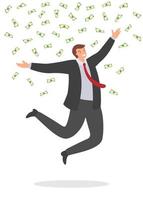 Joyful businessman jumping with happiness under falling money bills. Business success concept vector illustration