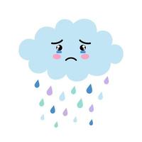 Cute cartoon kawaii blue cloud with rain drops with sad face emotion. Weeping cloud vector illustration