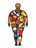 Man silhouette with scattered fast food elements. Unhealthy, junk food and obesty concept. vector