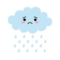 Cute cartoon kawaii blue cloud with rain drops with sad face emotion. Weeping cloud vector illustration