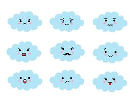 conjunto de emoji en forma de nube con un estado de ánimo diferente. Emoticones de nubes lindas kawaii y expresiones de caras de emoji de anime japonés. vector