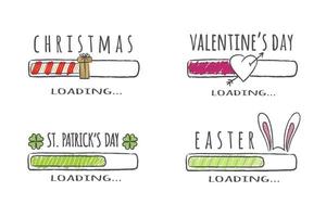 Set of holidays progress bar with inscriptions - Christmas, Easter, Valentines day, St. Patricks day loading. Vector illustration for t-shirt design, poster or greeting card.