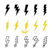 Lightning bolts vector logo set. Concept of energy and electricity. Flash with rays. Power and electric symbols, high speed, swiftness and rapid emblem.