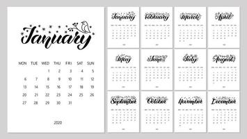 Vector Calendar Planner for 2020 Year with handdrawn lettering and doodles. Set of 12 Months. Week starts Monday. Stationery Design.