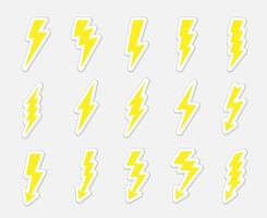 Lightning bolts vector stickers set. Concept of energy and electricity. Flash collection. Power and electric symbols, high speed, swiftness and rapid emblem.