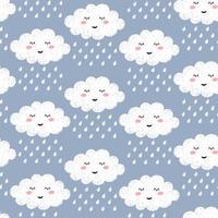 Seamless pattern with cute happy cartoon kawaii cloud on blue backdrop with rain drops. Dreaming cloud vector background.