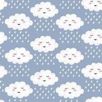 Seamless pattern with cute happy cartoon kawaii cloud on blue backdrop with rain drops. Dreaming cloud vector background.