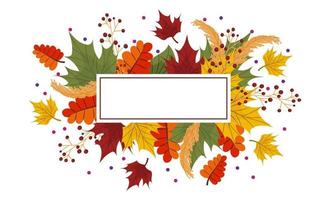 Autumn frame with a place for text and colorful leaves, maple and ash. Vector illustration for brochures and banners. Bright frame, autumn composition
