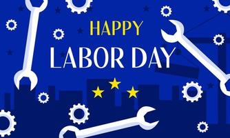 A happy Labor Day banner with stars, tools and construction site in the background. American holiday, banner with blue background. Vector illustration